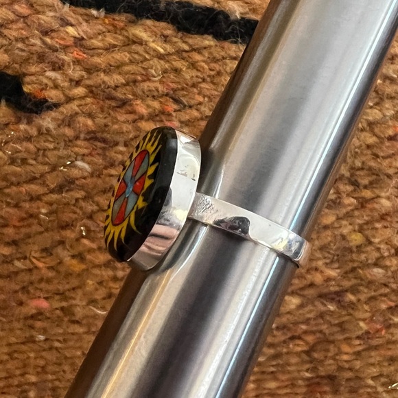 ❤️ Signed Galaxy Micro Inlaid 925 Native Zuni Drum Sun Ring Size 9.5 USA Unisex - Picture 11 of 15